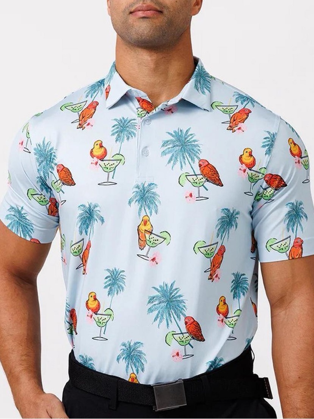 Waggle Men’s Golf Polo Blue Parrots Margaritas Bird Drink Athletic Golfing XL